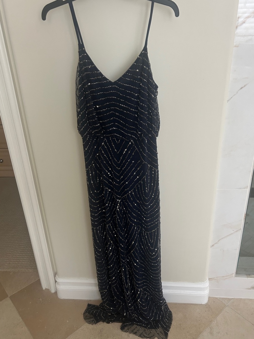 Adrianna Papell Navy Sequin Beaded V-Neck evening gown